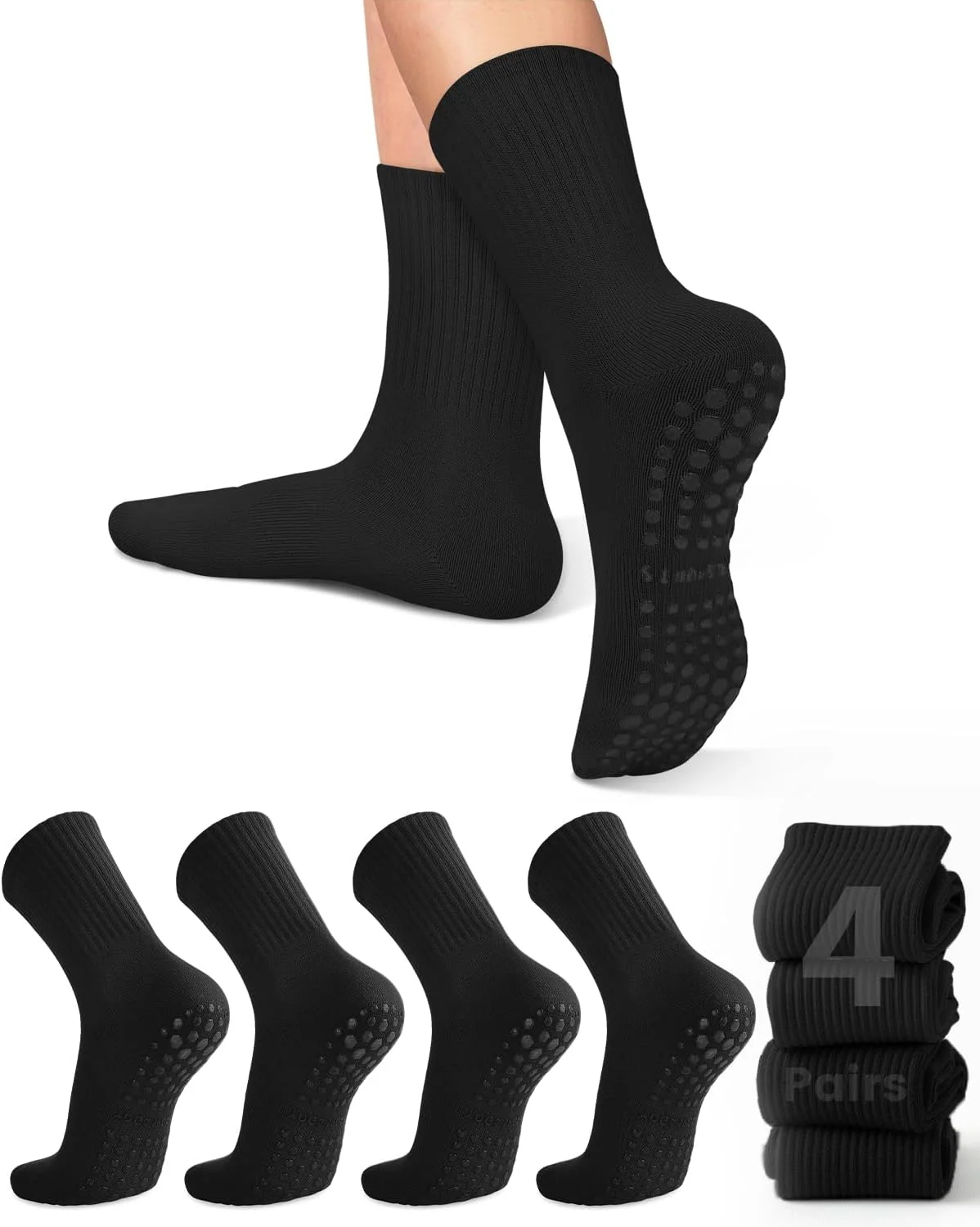 Pilates & Yoga With Harna - 女性用ヨガソックス4足、ソリッドカラーのミッドソール滑り止めグリップ付きヨガピラティスバレエソックス