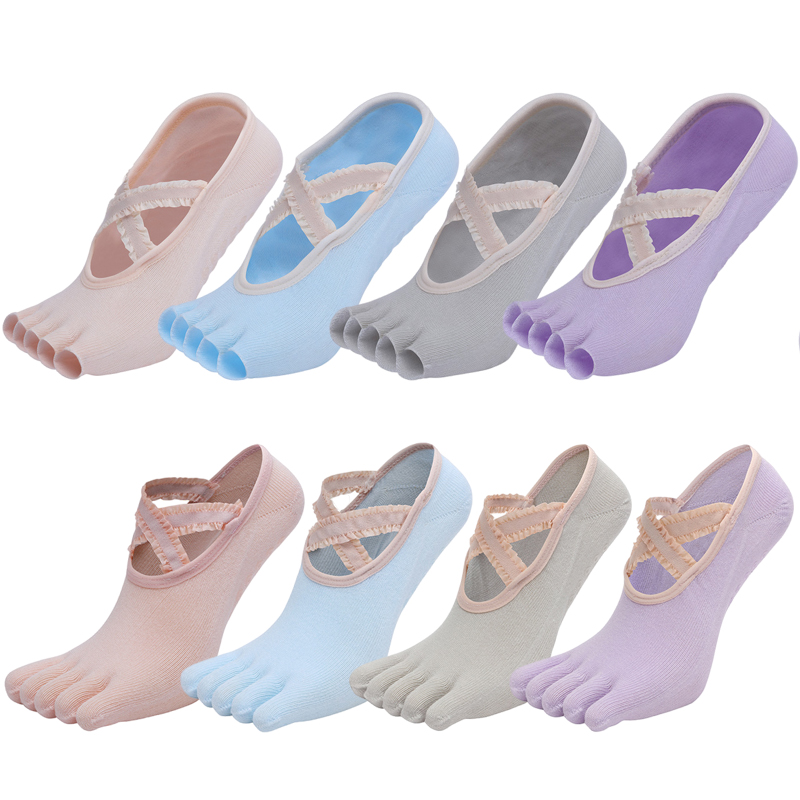 Pilates Yoga Gym - 5本指のヨガソックス,レース,クロスストラップ,滑り止め,バレエ,コットン,ヒール